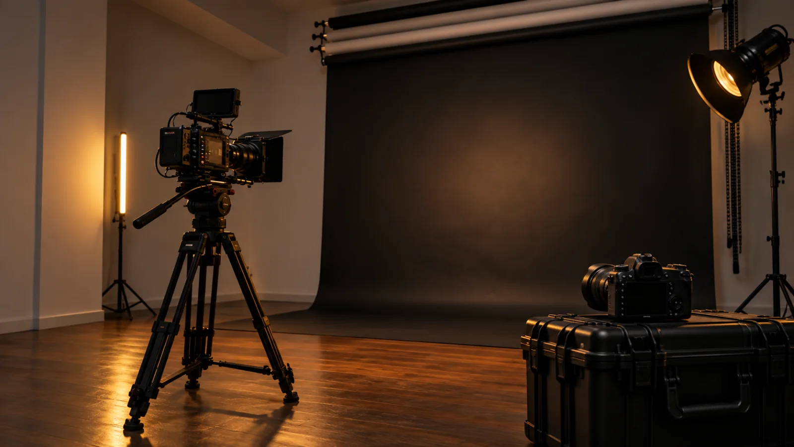 Videocamera e fotocamera pronte sul set dello studio