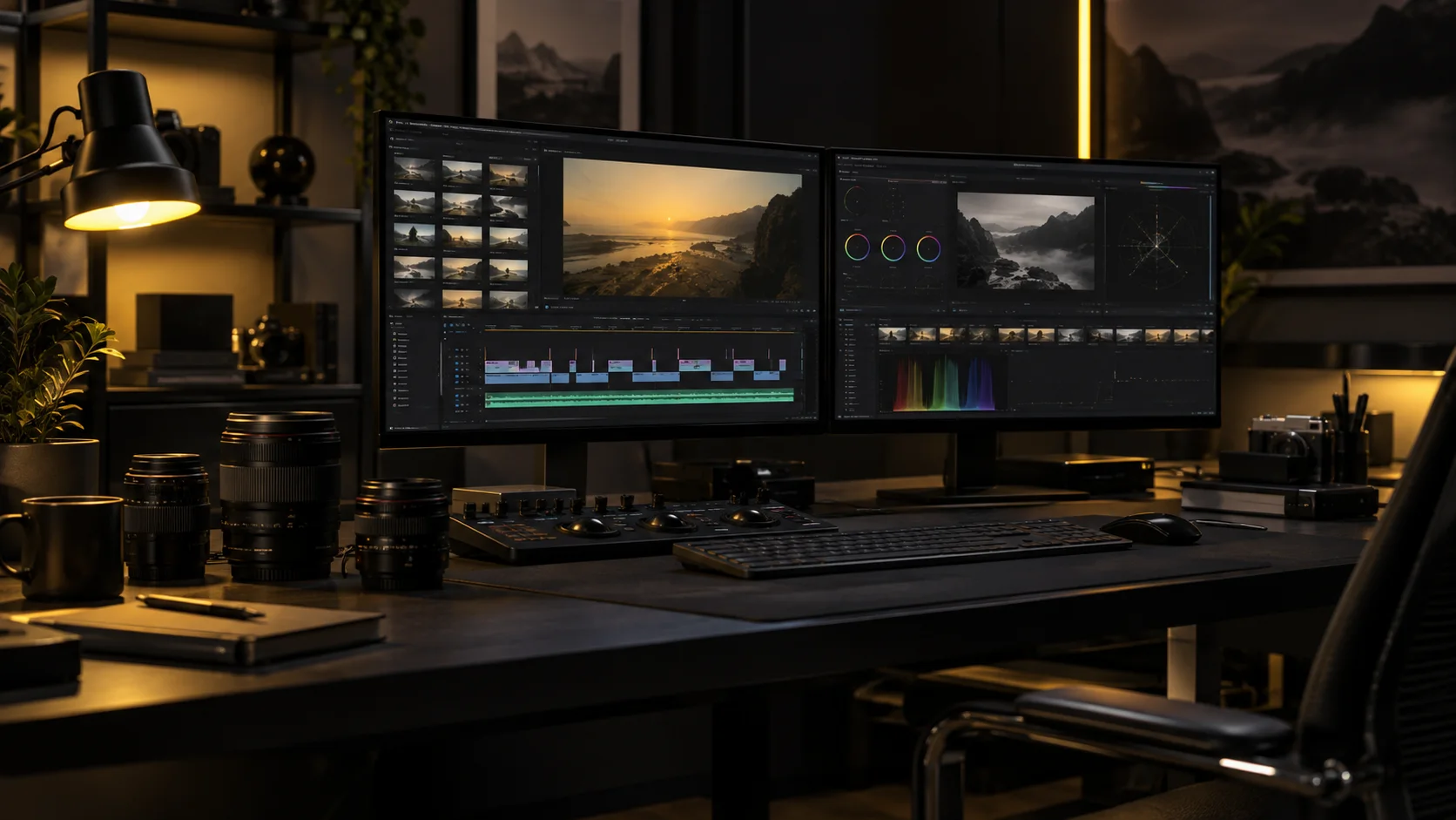 Postazione di montaggio e post-produzione video con monitor e obiettivi