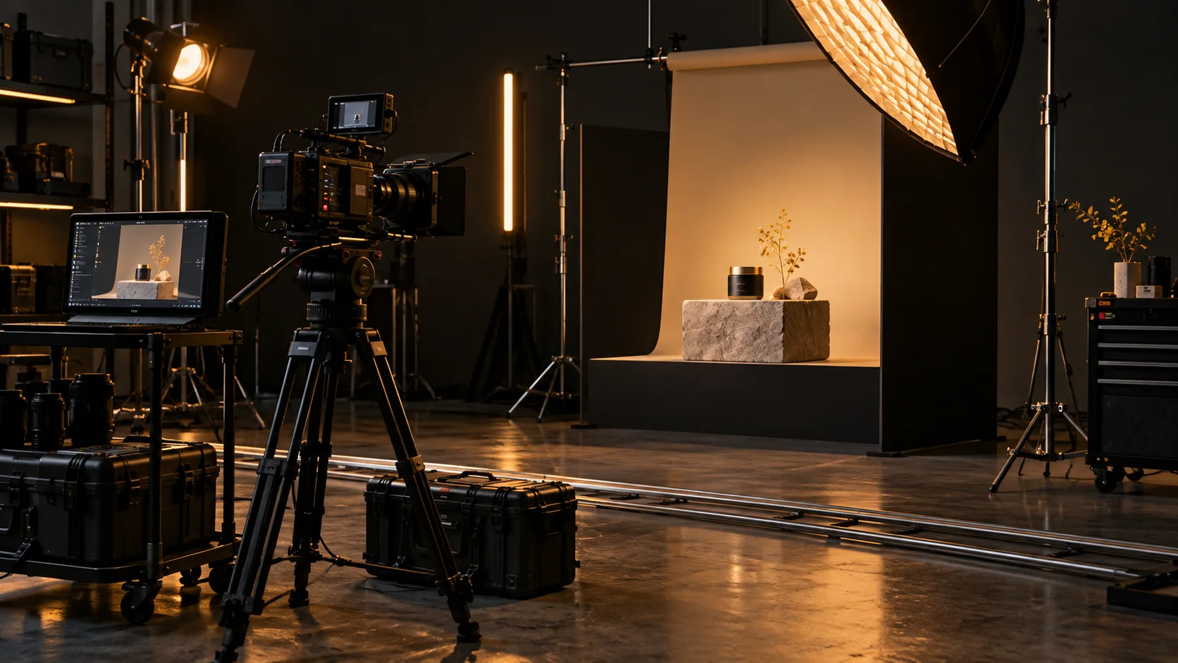 Set fotografico e video con camera, luci e fondale preparato per una produzione