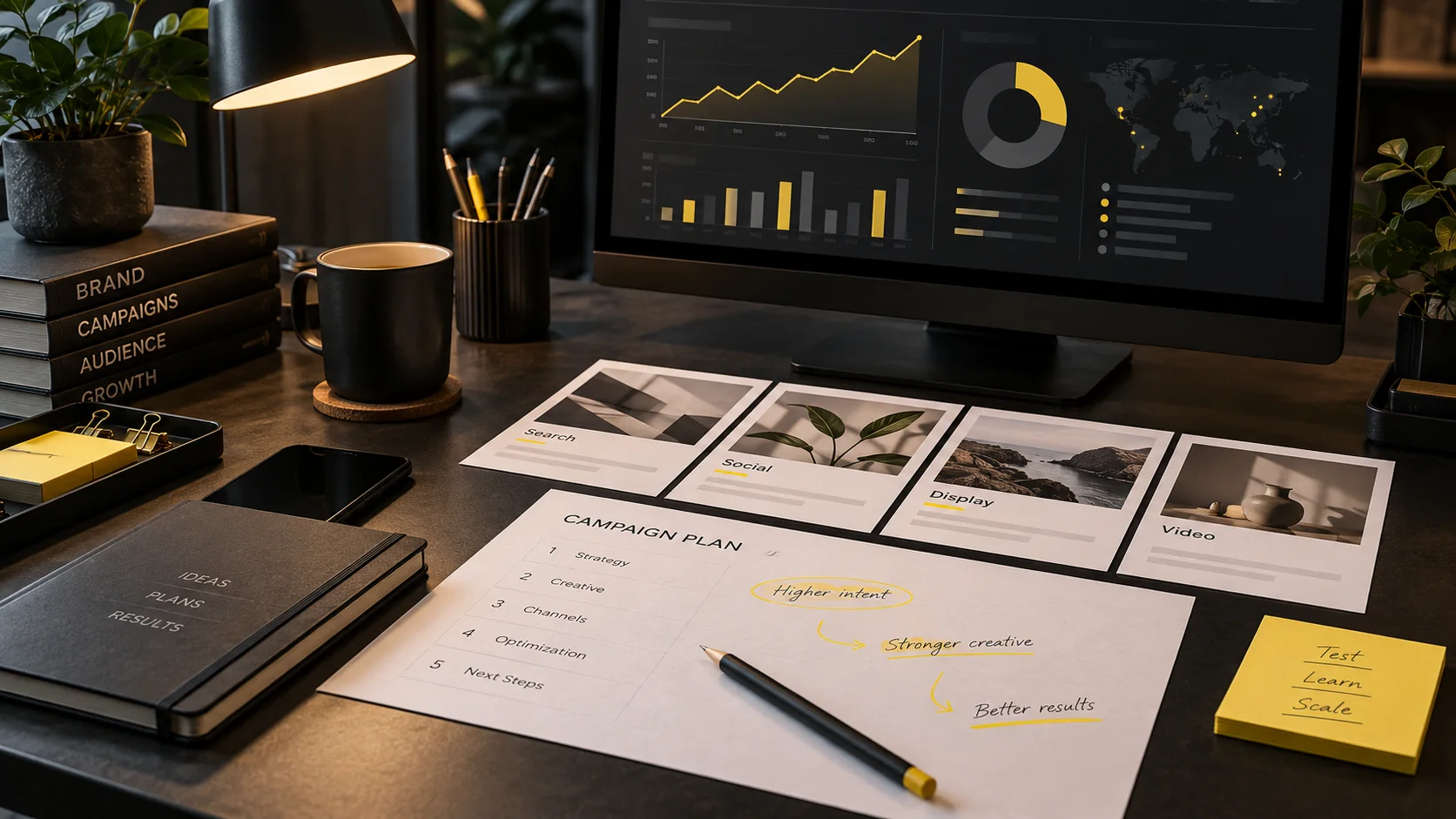 Postazione con dashboard, creatività e piano per campagne pubblicitarie digitali
