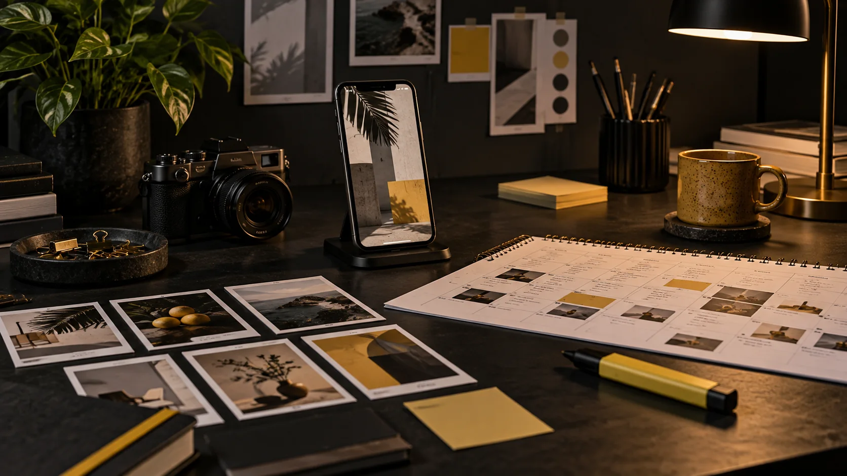 Scrivania creativa con calendario editoriale, smartphone e materiali per contenuti social