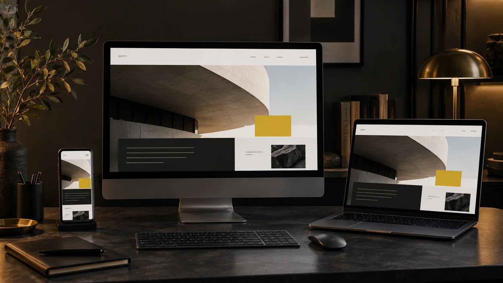 Sito web responsive visualizzato su monitor, computer portatile e smartphone